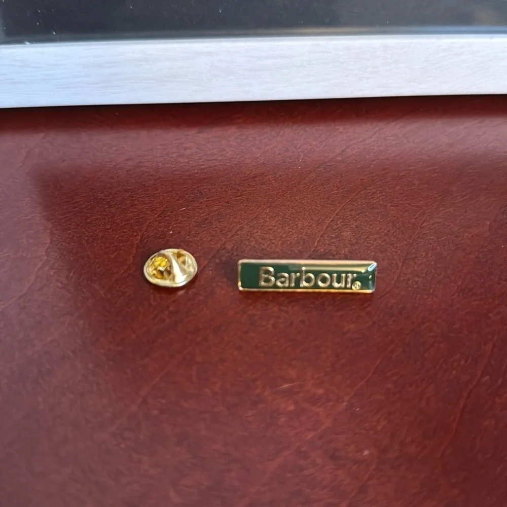 Barbour green and gold enamel pin